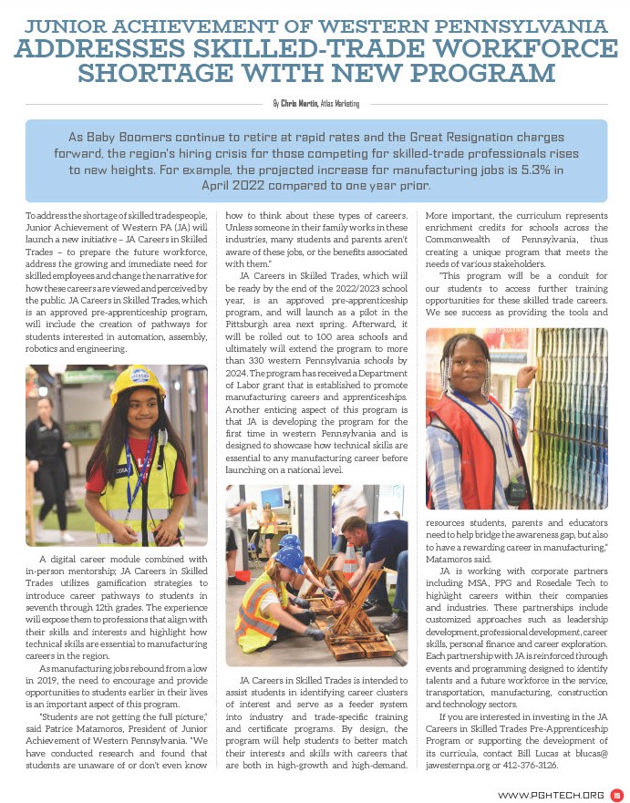 Junior Achievement of Western Pennsylvania Addresses SkilledTrade